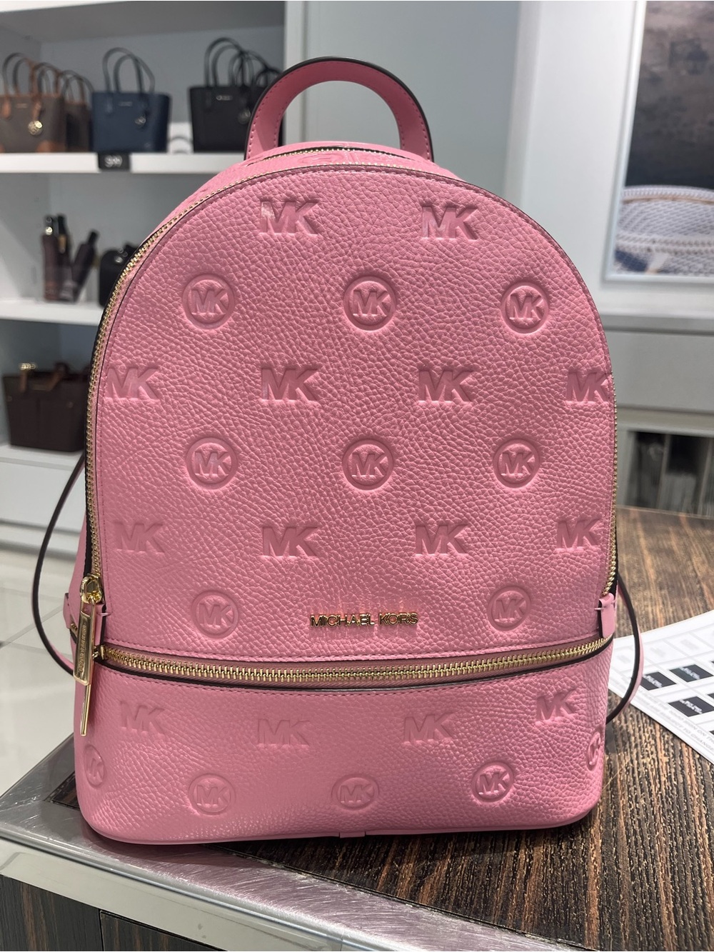 Michael Kors Medium Carnation/Pink Debossed Rhea Backpack - Picture 3 of 7